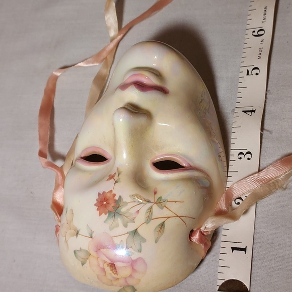 Vintage Hand Painted Carnival Face Masks Set of Two Blue and Pink Flowers - Picture 5 of 12